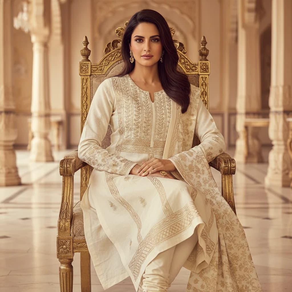 Handmade Boutique Embroidered Cotton Unstitched 3-Piece Dress for Women – Ivory Base with Sky Blue Floral Work - Buy online at best price