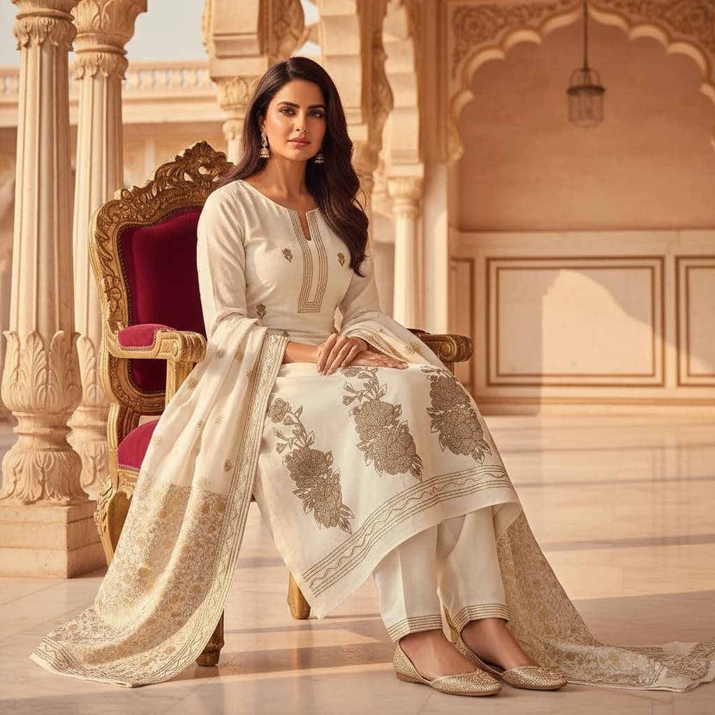 Handmade Boutique Embroidered Cotton Unstitched 3-Piece Dress for Women – Premium Ivory Off-White with Golden Elegance | Anarkoli Boutique - Buy online at best price