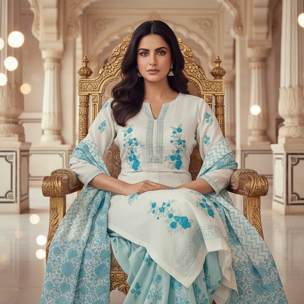 Handmade Boutique Embroidered Cotton Unstitched 3-Piece Dress for Women – Premium Ivory Off-White with Golden Embroidery - Buy online at best price